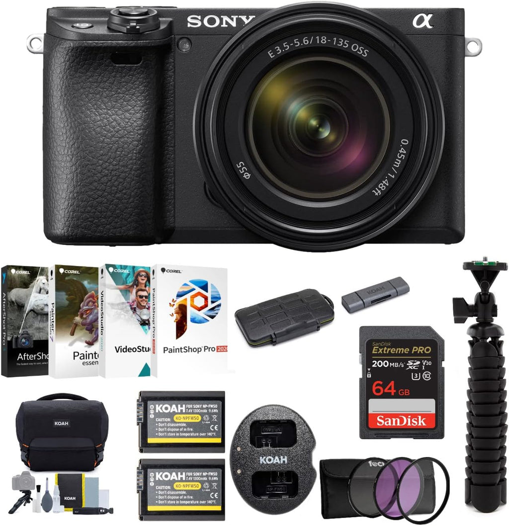 Sony Alpha a6400 Digital Camera with 18-135mm Lens (Black) Bundle, Memory Card, Filter Kit, Battery (2-Pack) and Dual Charger, Gadget Bag, Tripod, Software Suite, Card Reader, and Case (9 Items)