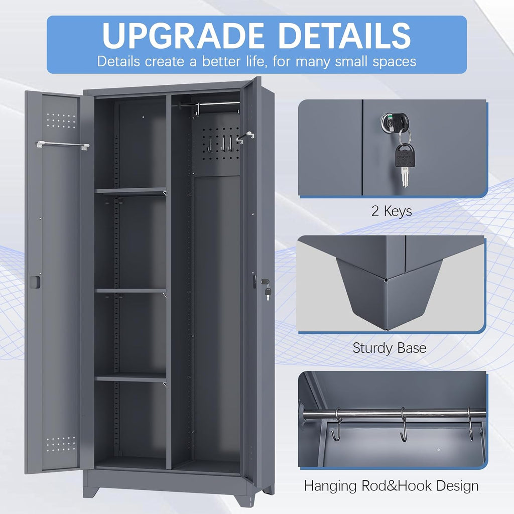 IRONFFICE Tall Storage Cabinet with Doors,Metal Garage Cabinet and Storage,Lockable Utility Closet Cabinets with Pegboard for Basement,Laundry Room,Grey