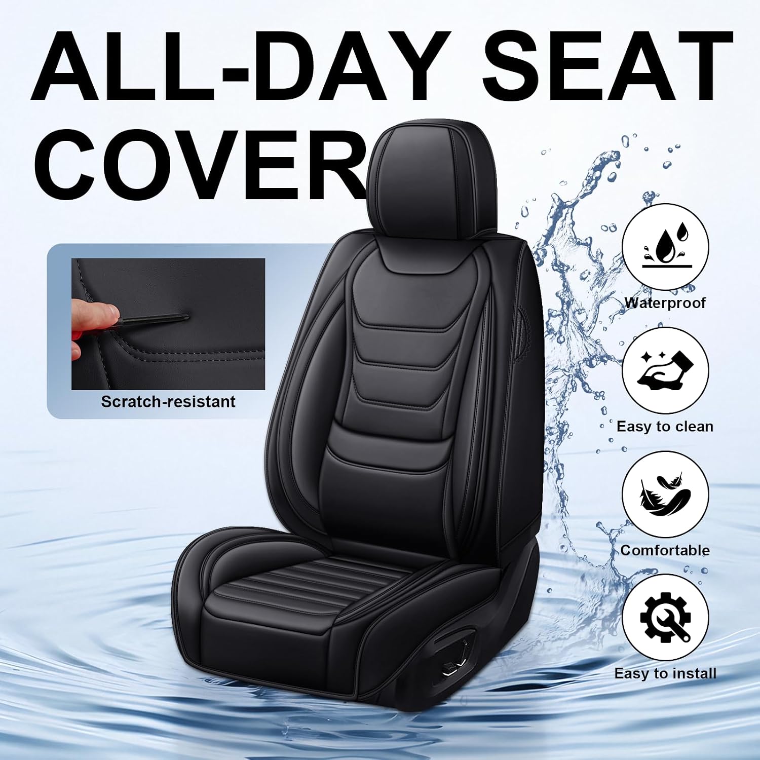 DHAEY Car Seat Covers for Volkswagen Atlas 2018-2025, Family Seat Covers, Nappa Leather, Wear-Resistant, Anti-Slip, Waterproof, 5PCS Full Set, Black