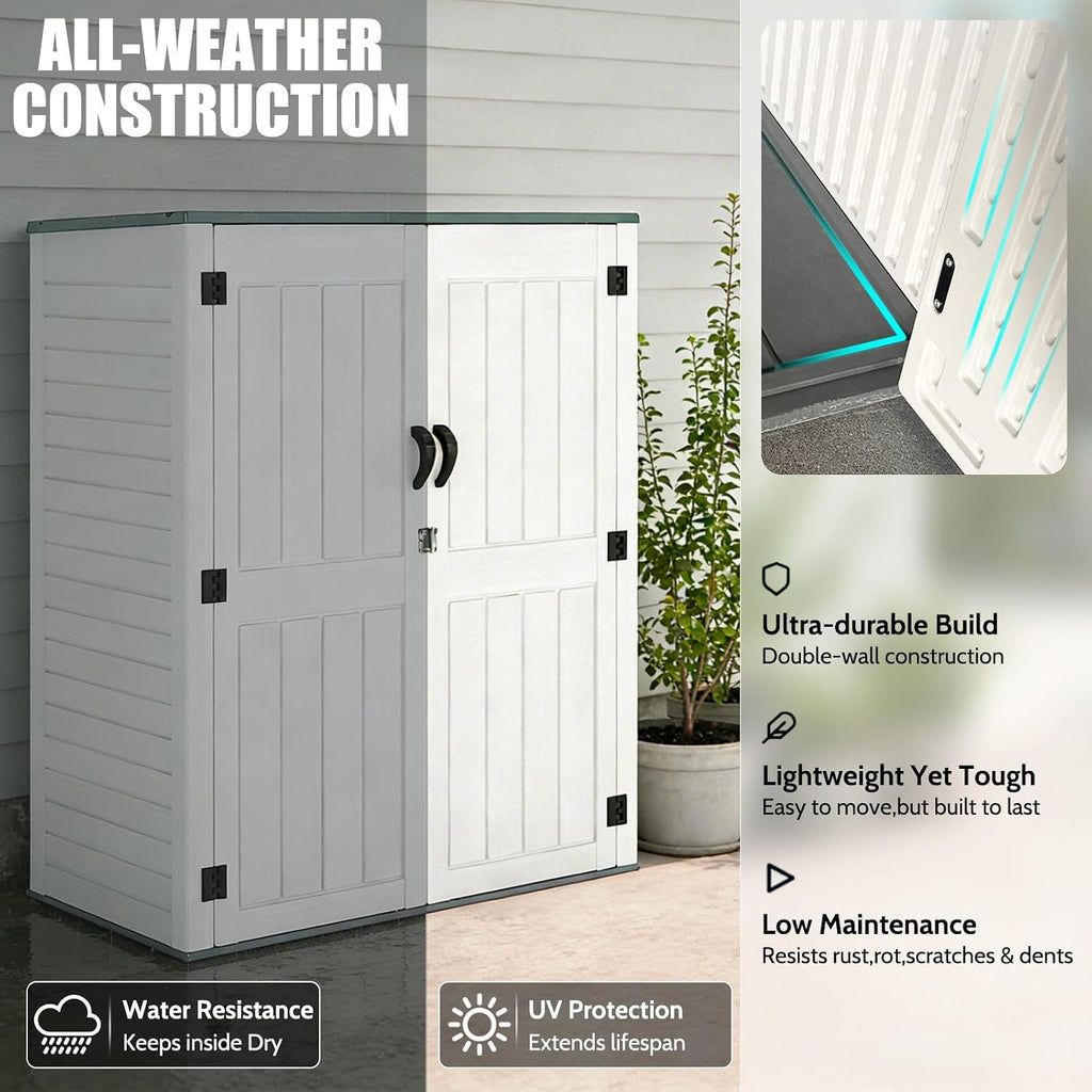 EHHLY Vertical Resin Storage Shed with 2 Shelves, 60 Cuft Garden Tool Sheds & Outdoor Storage, Plastic Outdoor Storage Cabinet Waterproof, 4.5 x 2.3 ft Outside Lawn Mower Storage Shed, Light Grey