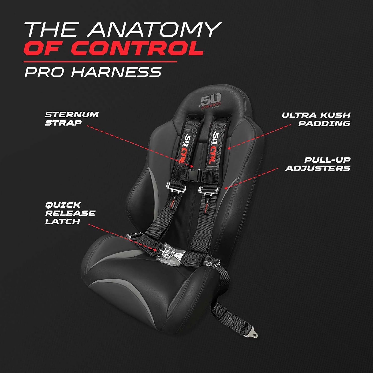 50 Caliber Racing 4 Point Harness - Ultra Kush Padding Safety Restraint System for UTV ATV SXS - Quick Release Latch - 9 Colors Available - Professional Grade [6008] 1pc Black