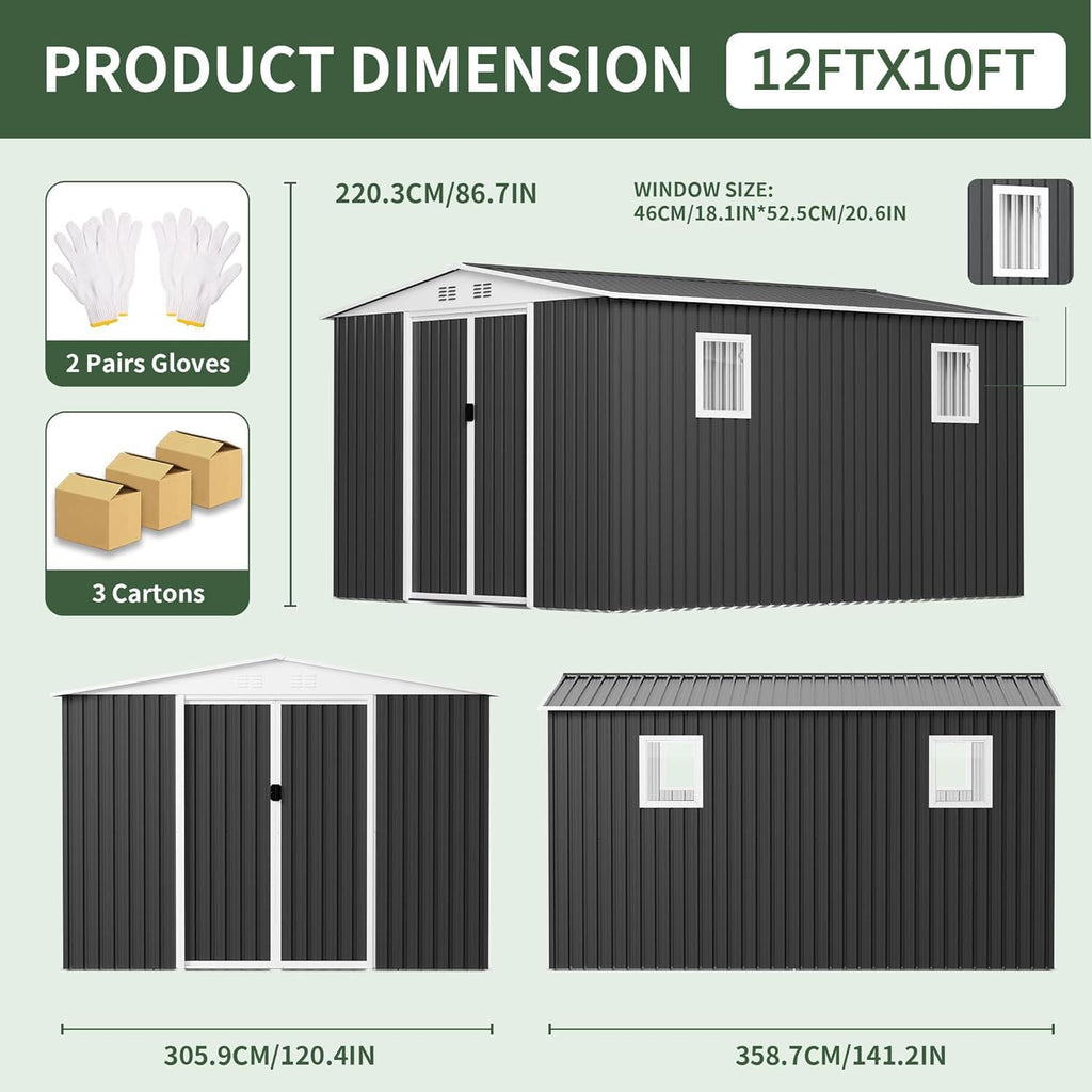 12FT x 10FT Outdoor Storage, Metal Anti-Corrosion Utility Tool House with Lockable Door & Shutter Vents，Outdoor Waterproof Garden Tool Storage Sheds