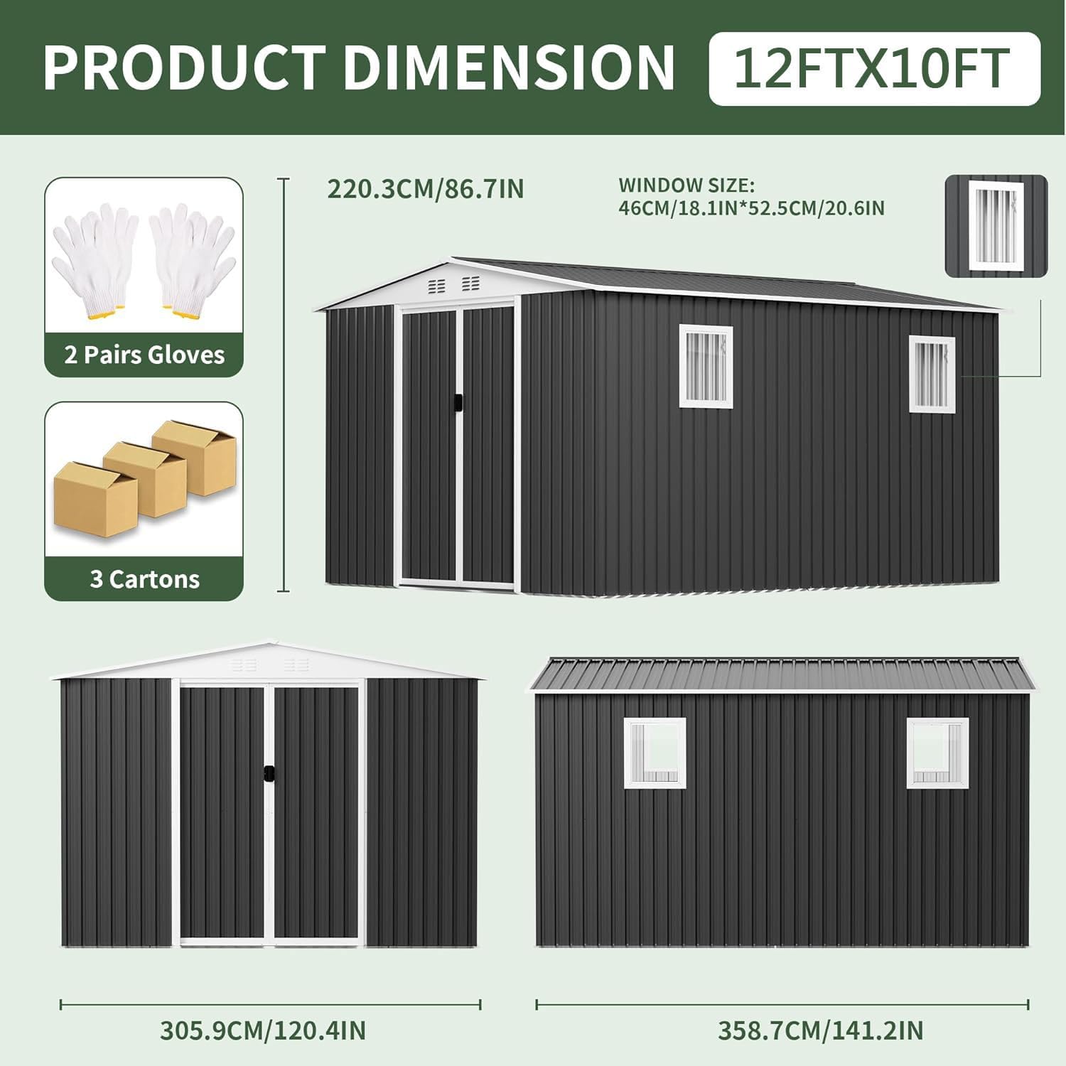 12FT x 10FT Outdoor Storage, Metal Anti-Corrosion Utility Tool House with Lockable Door & Shutter Vents，Outdoor Waterproof Garden Tool Storage Sheds
