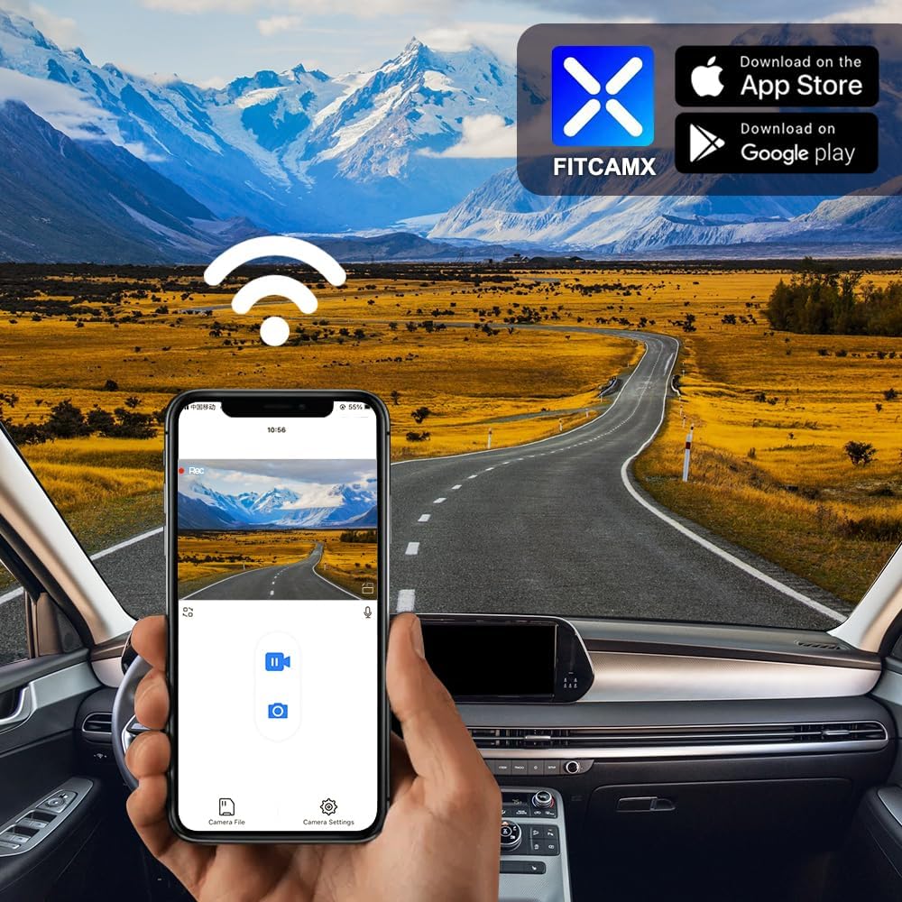 Fitcamx 2160P+Rear 1080P Dash Cam Adapts for Hyundai Palisade 2023-2025 (Part No#S8711) with Auto Dimming, OEM Look, Dual HD Video, WiFi & APP, Loop Recording, G-Sensor, Easy to Use, 128GB Card