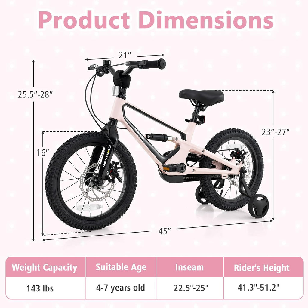 BABY JOY Kids Bike, 16' Magnesium Sporty Bicycle with Dual Disc Brakes, Removable Training Wheels, Body Suspension, Adjustable Handlebar & Saddle, Girls Boys Bike