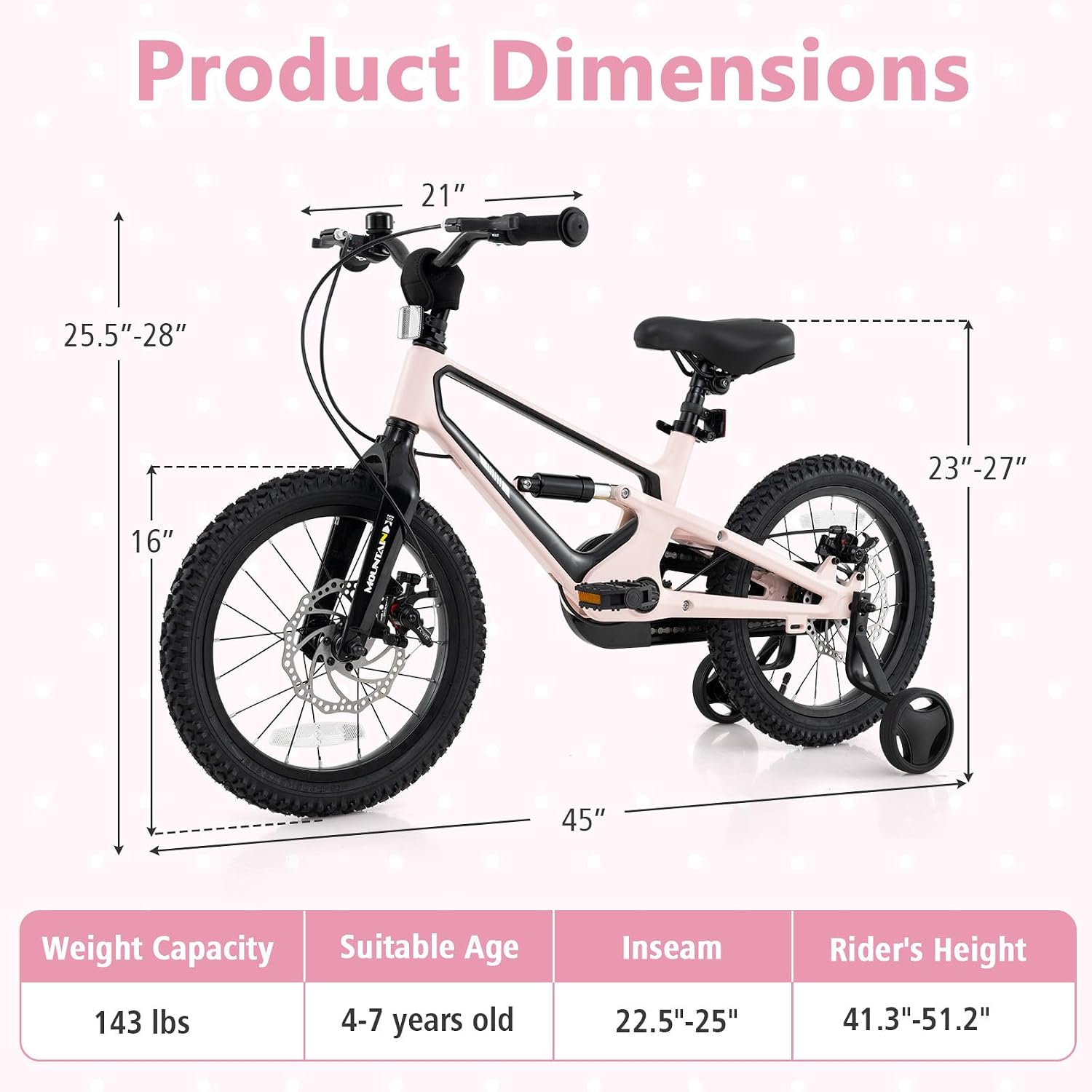 BABY JOY Kids Bike, 16' Magnesium Sporty Bicycle with Dual Disc Brakes, Removable Training Wheels, Body Suspension, Adjustable Handlebar & Saddle, Girls Boys Bike