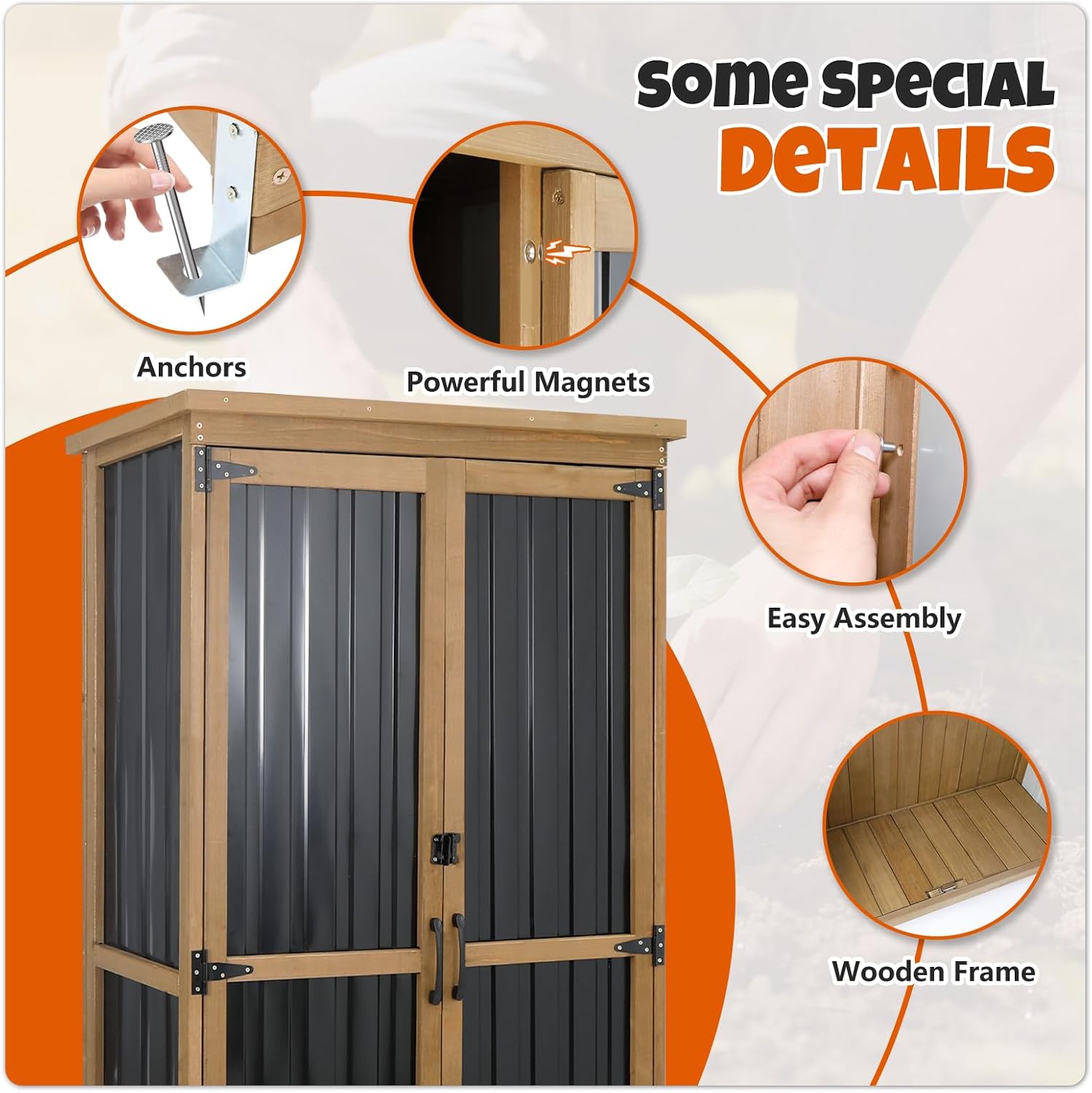 Outdoor Storage Cabinet with Shelves, Wood & Metal Storage Shed with Weatherproof Roof, Lockable Doors, Adjustable Feet, Outside Storage Cabinet for Garage, Patio (15.6' D x 32.3' W x 65.8' H)