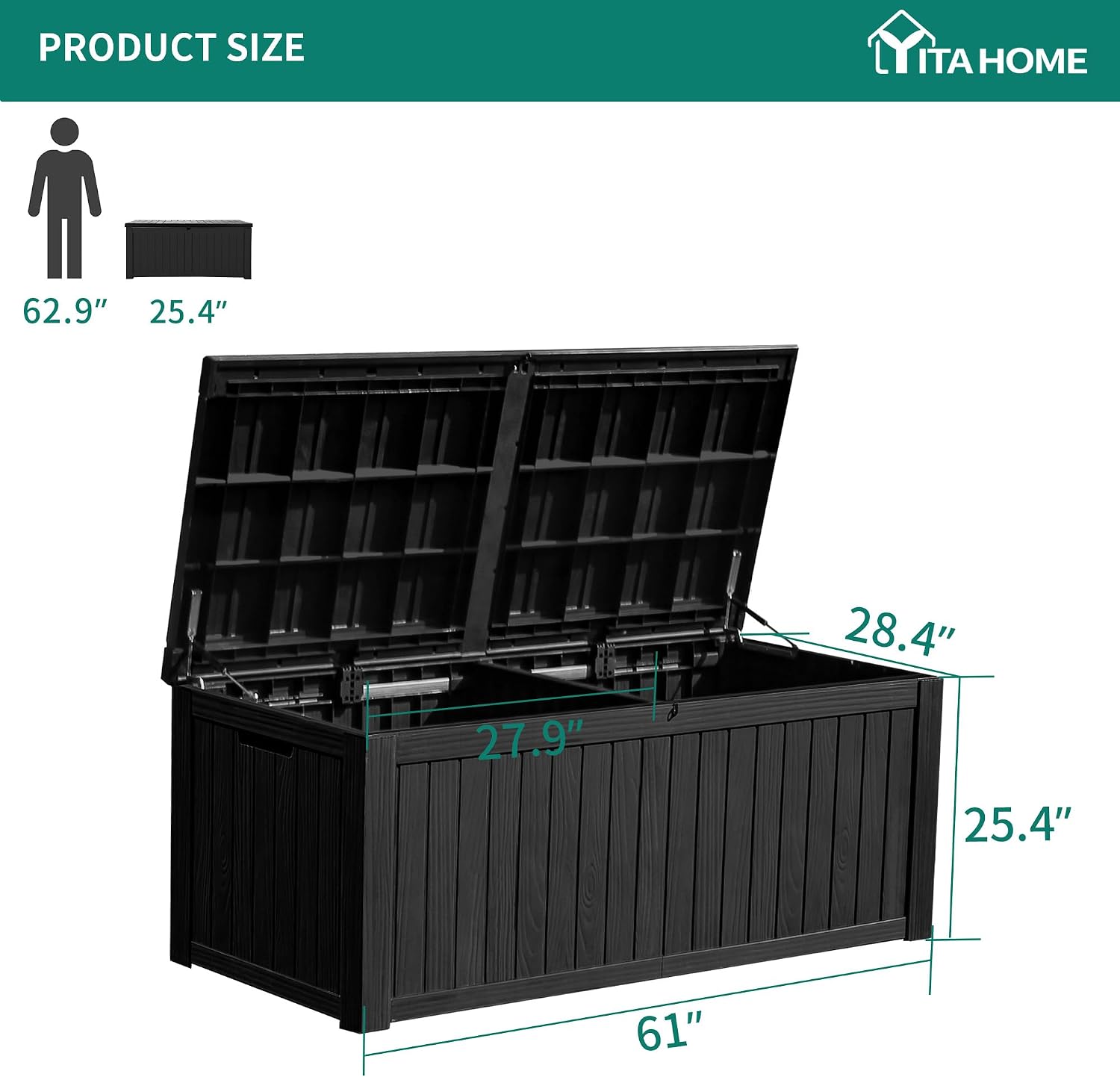 YITAHOME 180 Gallon Large Outdoor Storage XL Deck Box w/Divider for Patio Furniture,Outdoor Cushions, Garden Tools, Sports Equipment and Pool Supplies, Waterproof, Resin, Lockable, Black