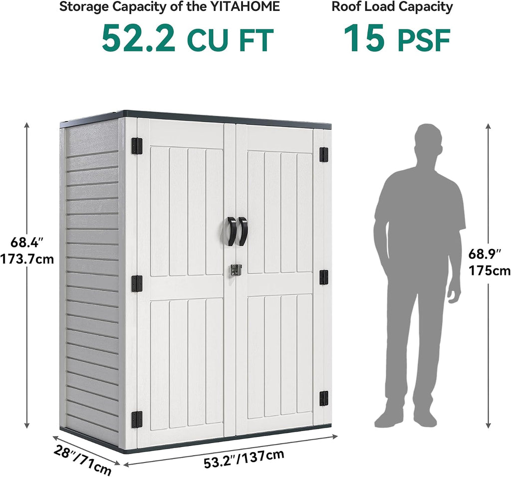 YITAHOME 59 Cuft Outdoor Tall Storage Shed, Waterproof Vertical Resin Shed for Garden, Garage, Patio, Lockable Tool Storage, No Shelves Included, Light Gray