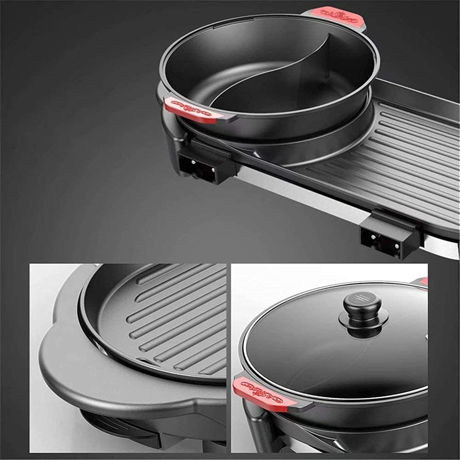 Indoor Korean Barbecue Grill Multifunctional BBQ Hot Pot Double Pot Integrated Kitchen Pot Separable Electric Hot Pot Electric Baking Tray,Black 1,65 * 26Cm,Portable Nonstick Griddle (Color : Black 2