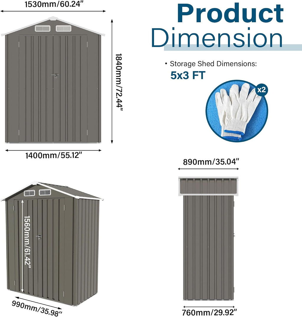 5X3 FT Metal Storage Shed, Tool Shed Outdoor Storage with Peaked Roof Waterproof and Clear Window, Metal Storage Shed with Lockable Door, Galvanized Steel Outdoor Shed for Backyard Patio,Gray