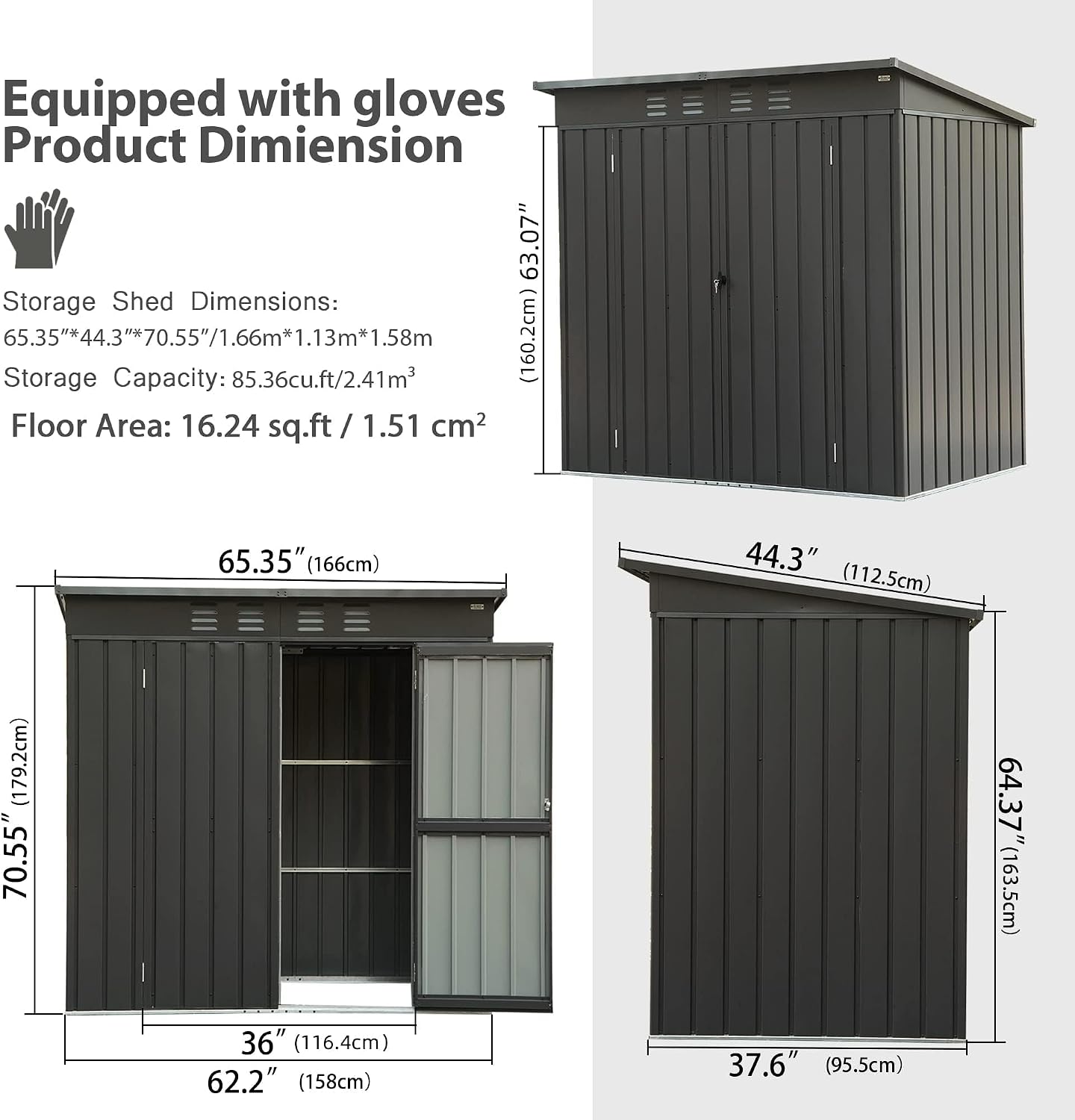 Domi Outdoor Storage Shed 5' x 3', Metal Garden Shed with Galvanized Steel Frame for Bike, Tools, Lawn Mowers, Pool Toys, Outdoor Storage Cabinet with Lockable Door for Garden Lawn Patio (Dark Grey)