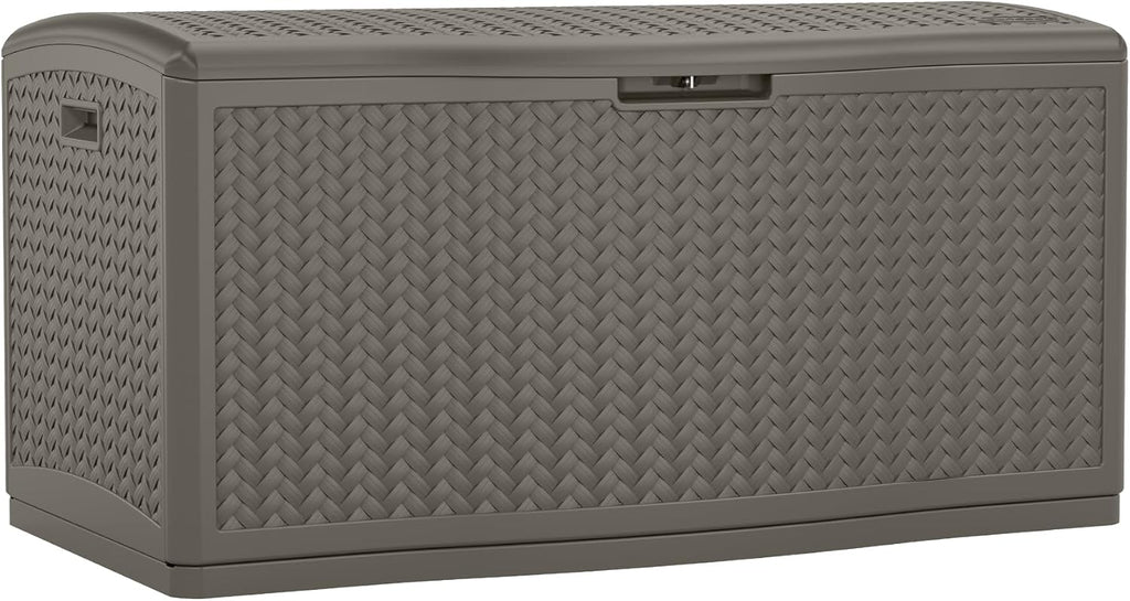 Suncast Extra Large Deck Box - 124 Gallon Resin Outdoor Storage Box with Lockable Lid for Outdoor Cushion Storage, & Garden Gear, Stoney Grey Wicker Bin for Patio, Porch, Pool, & Yard