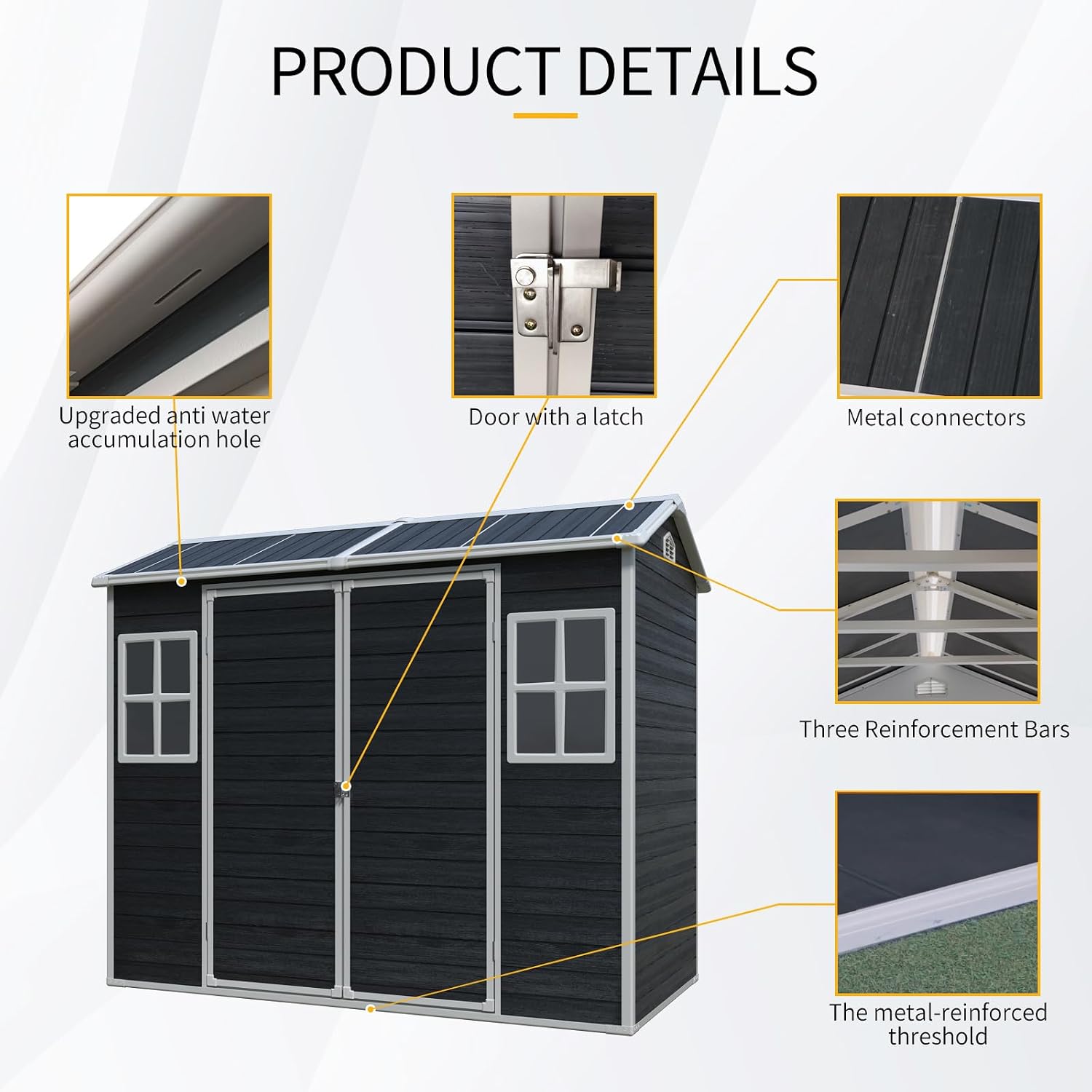 8 x 4 FT Outdoor Storage Shed, Outdoor Resin Shed with Two-Window and Double-Door, Plastic with Floor for Gargen, Patio, Yard, Lawn (Black)