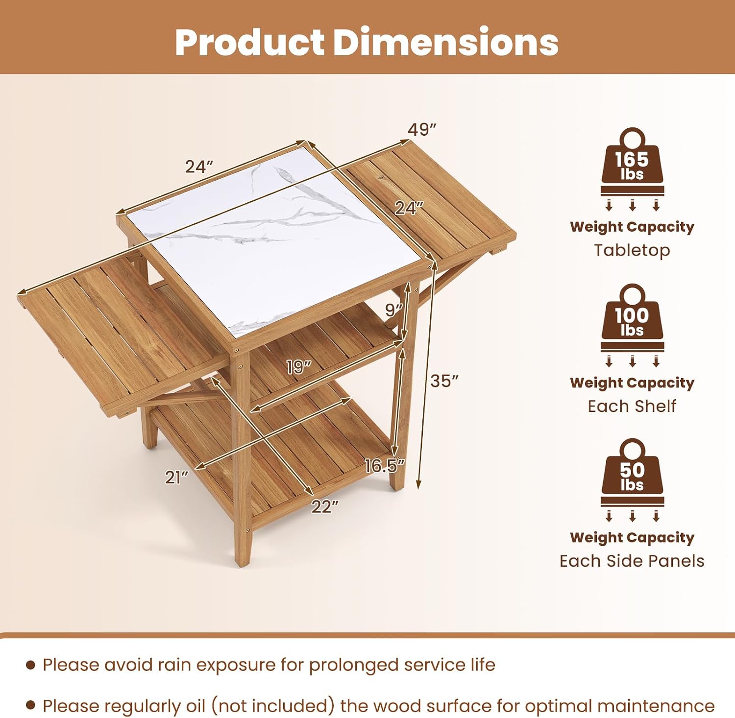 HAPPYGRILL Outdoor Wood Grill Table, Outside Kitchen Island & BBQ Prep Table w/Faux Marble Top, Drop-Leaf Side Panels & 2-Tier Open Shelves, Acacia Wood Pizza Oven Grill Cart for Patio Backyard Party