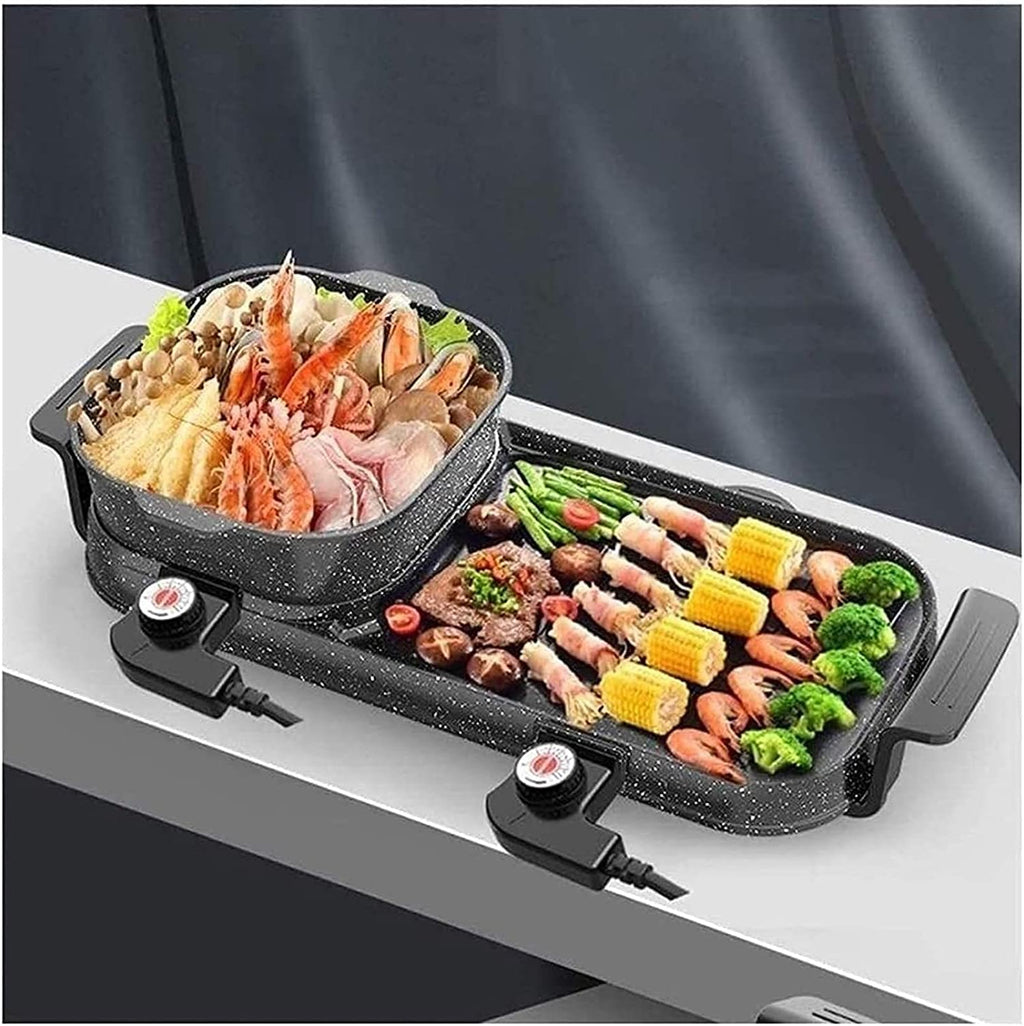 Korean BBQ Grill Home Use Multi-function Electric Grill, 2 In 1 Electric Barbecue Indoor and Outdoor Hot Pot Large Capacity Non-Stick Pan with 5 Temperature Adjustments, fo