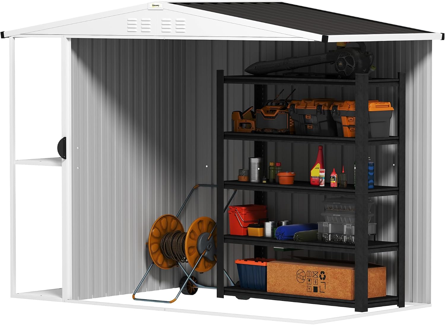 Outsunny 8 x 4ft Outdoor Storage Shed with Lock, 2-Tier Storage Rack, Air Vents, Garden Tool Shed for Backyard, Patio, Lawn, Dark Gray