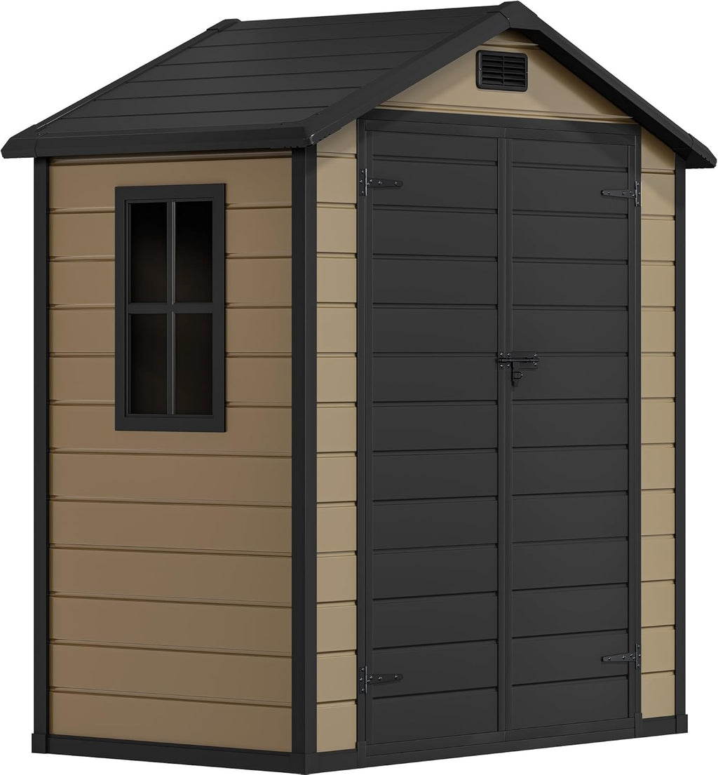 DWVO 6x4 FT Resin Storage Shed with Floor, Outdoor Storage Shed with Lockable Door, Window and Vents, Waterproof Plastic Tool Storage for Garden, Patio, Backyard, Lawn