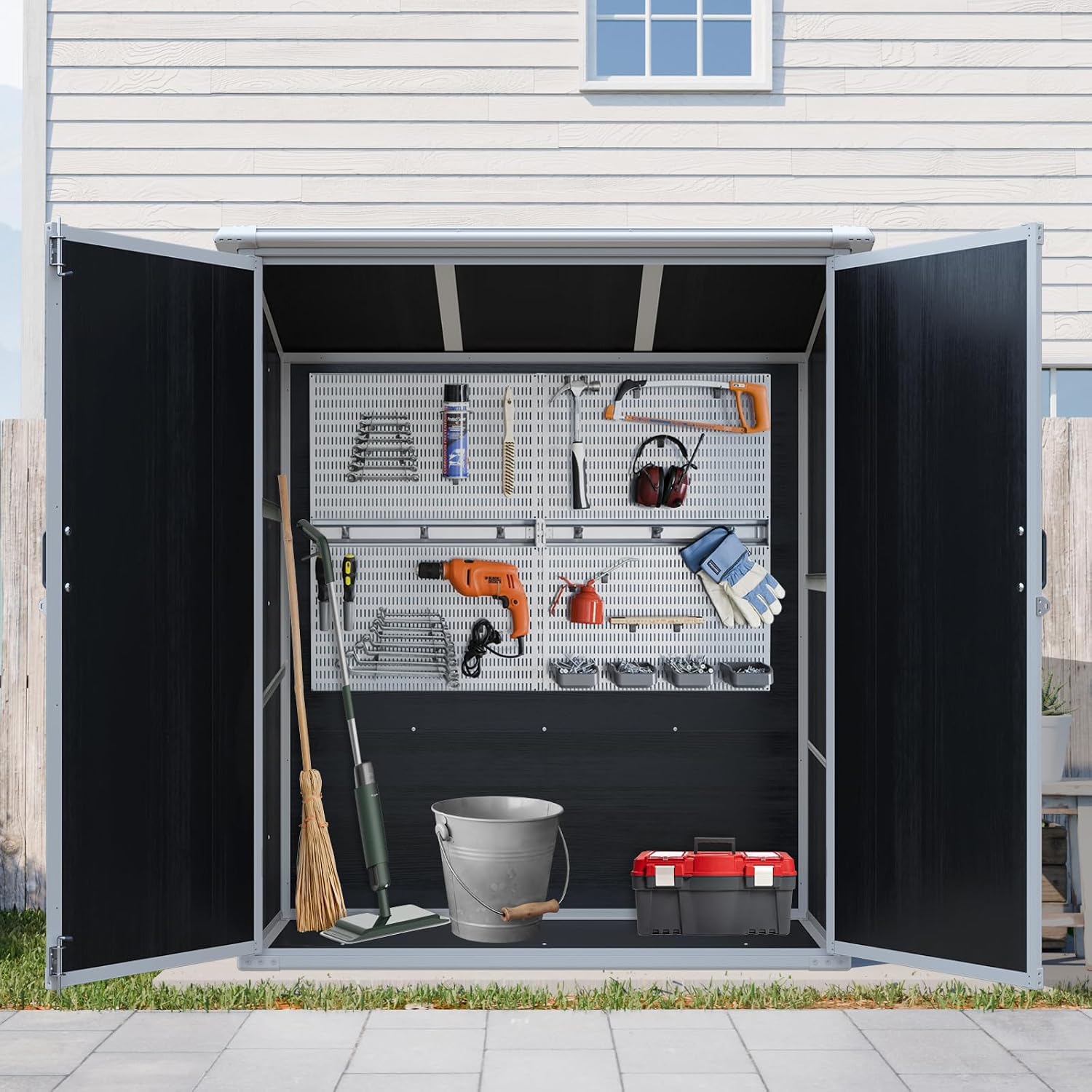 5x3 FT Outdoor Storage Shed，Resin Waterproof Cabinet with Lockable Doors for Patio Furniture and Bikes，Pool Accessories and Tools Black