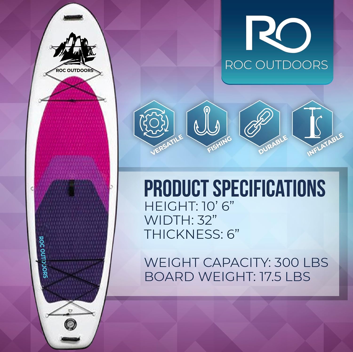 Roc Inflatable Stand Up Paddle Board 10' 6' with Premium SUP Paddle Board Accessories, Wide Stable Design, Non-Slip Comfort Deck for Youth & Adults