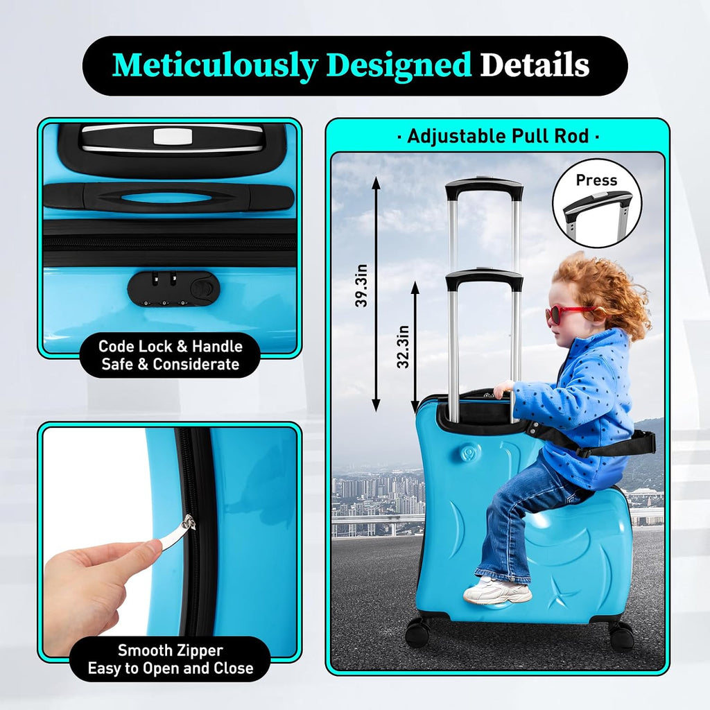 20Inch Kid Ride Suitcase, Kids Travel Suitcase with Lock & Safety Belt, Portable Children's Travel Trolley Case, Ride On Suitcase for Kids Aged 3-6 Years Old