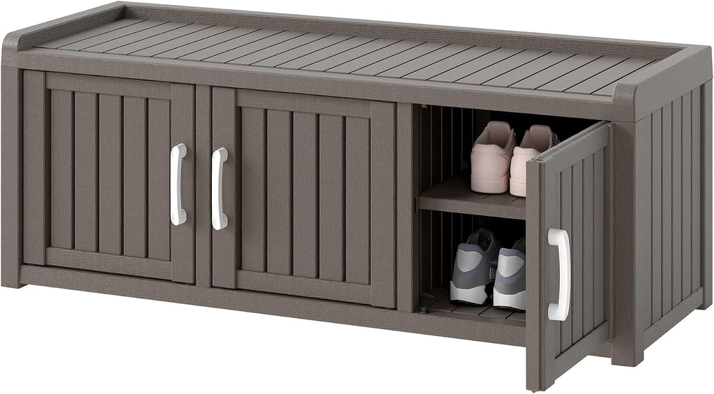 NUNU LAB Shoe Storage Cabinet, Waterproof Shoe Organizer with Adjustable Shelves, UV-Resistant Entryway Shoe Cabinet Bench with 3 Barn Doors for Indoor Outdoor, Foyer, Hallway, Living Room,Grey