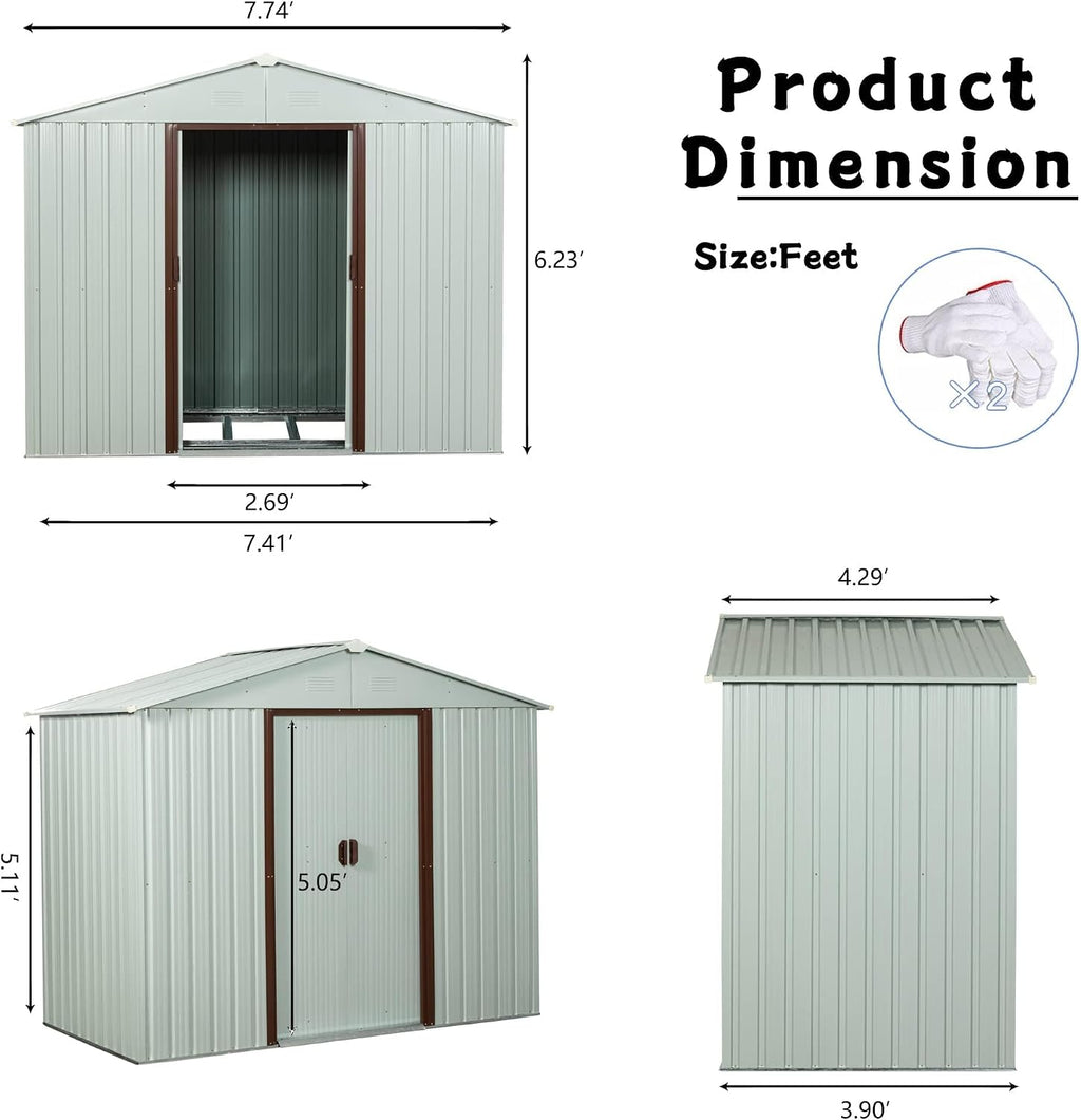 8 x 4 FT Outdoor Storage Shed, Metal Garden Shed with Floor Frame, Tool Shed Outdoor Storage with Lockable Sliding Doors & Air Vents, Storage House Waterproof for Backyard, Lawn, White