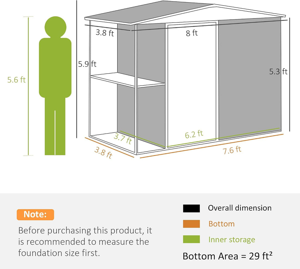 Outsunny 8 x 4ft Outdoor Storage Shed with Lock, 2-Tier Storage Rack, Air Vents, Garden Tool Shed for Backyard, Patio, Lawn, Dark Gray