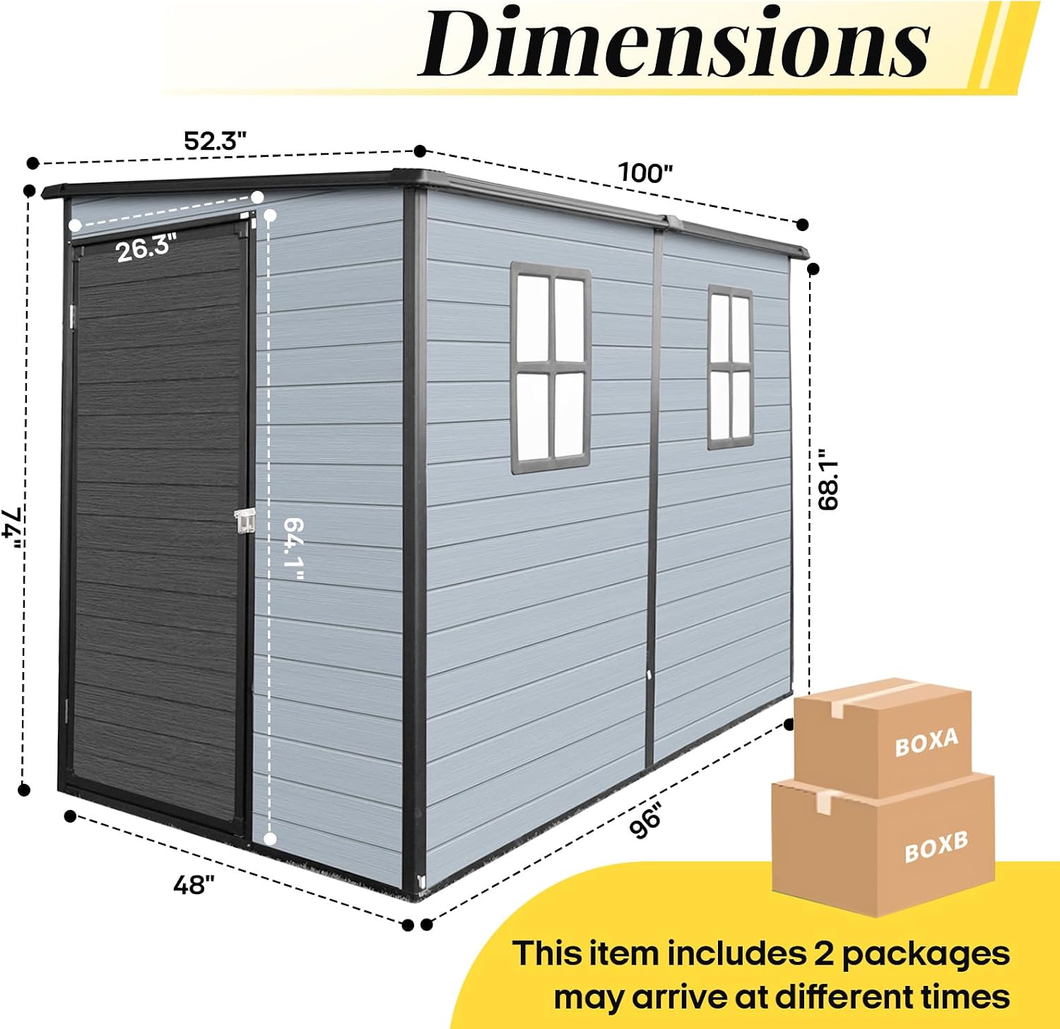 4x8 FT Lean to Shed with Floor, Resin Storage Shed & Outdoor Storage Clearance with 2 Windows, Backyard Storage Sheds for Garden, Patio, Backyard, (Black+Grey)