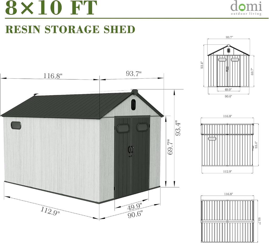 Domi 8x10FT Outdoor Resin Storage Shed with Transparent Windows & Louvered Vents, Plastic Tool Shed with Double Lockable Doors & Gable Roof, Outside Garden Shed for Backyard, Patio, Lawn, Grey