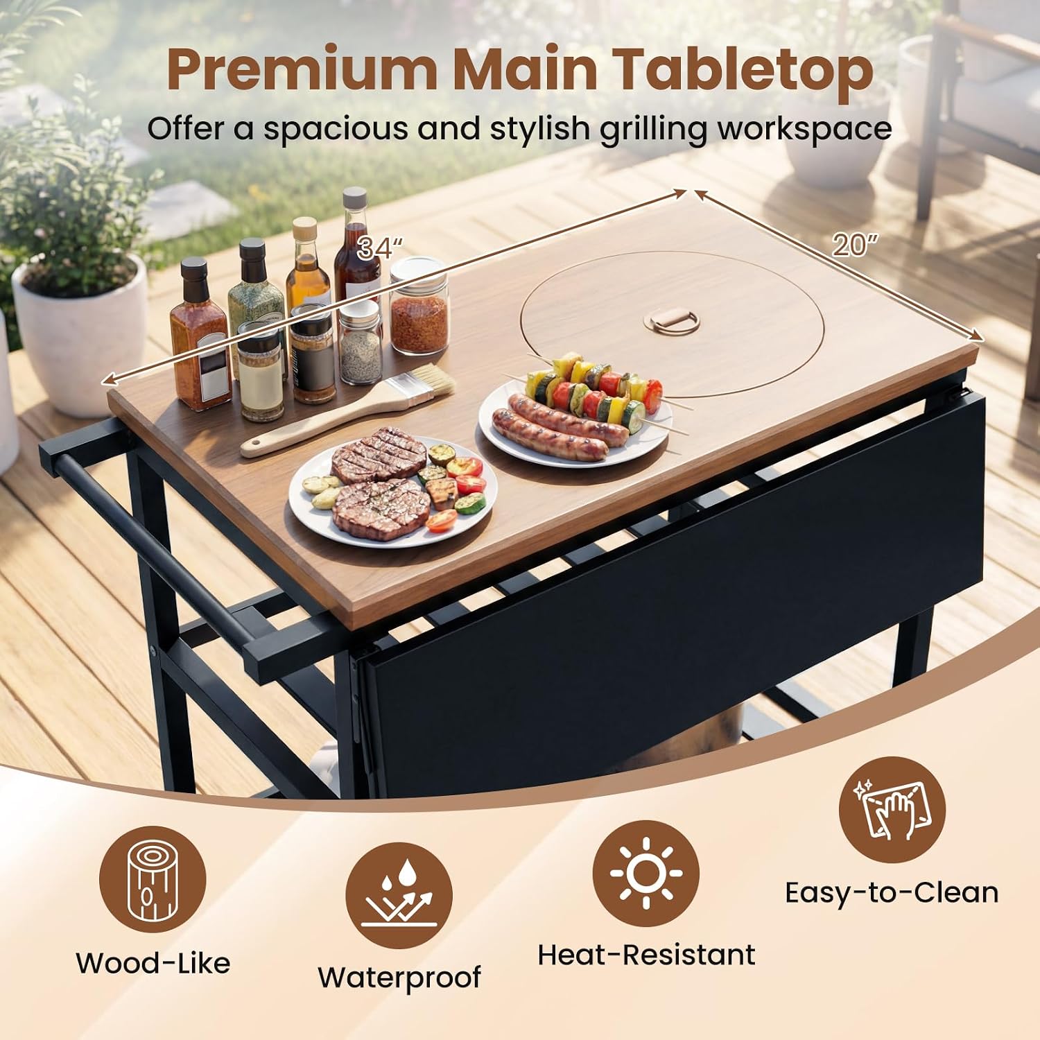 HAPPYGRILL Outdoor Grill Cart, Movable Food Prep Table with Korean BBQ Charcoal Grill, Foldable Side Panel, 2 Storage Shelves, Outside Pizza Oven Table for Patio Backyard Cooking BBQ