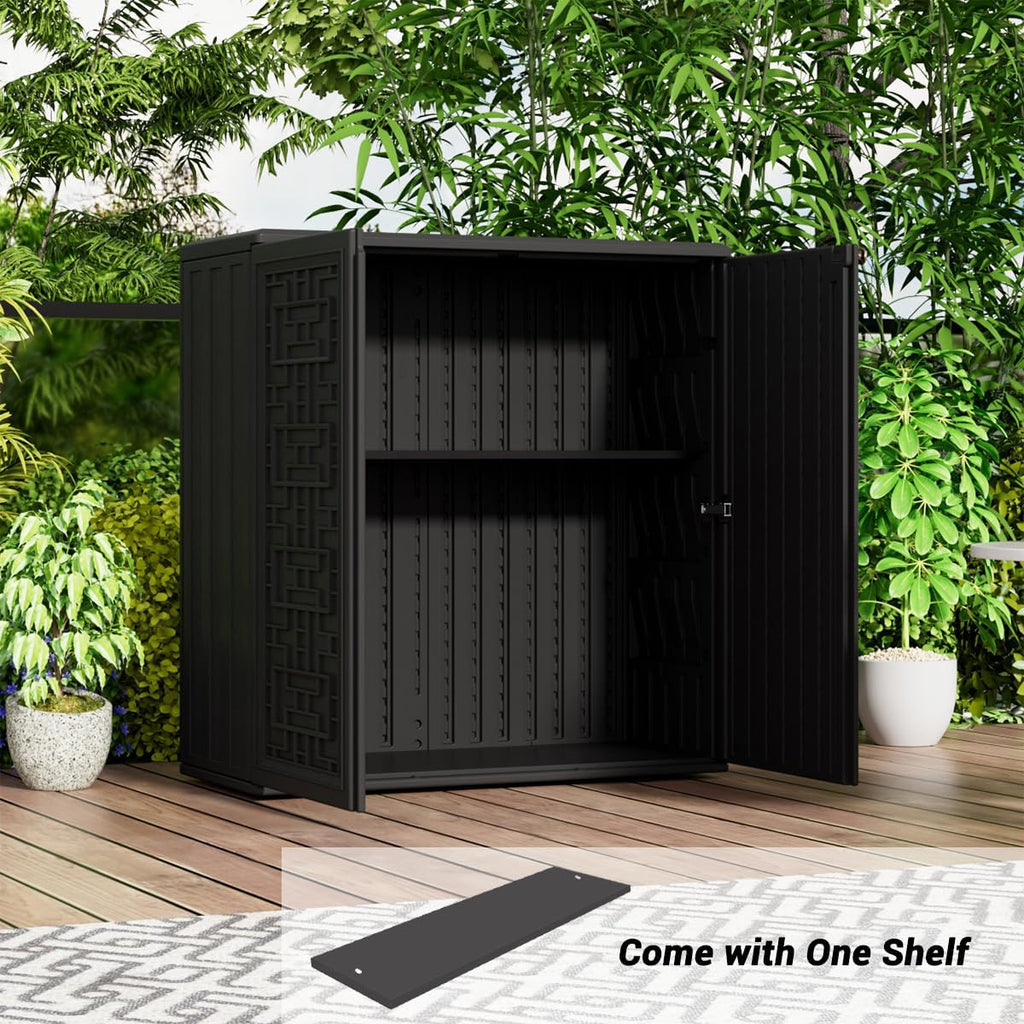 KINYING Outdoor Storage Cabinet Waterproof, Resin 62 Gallon Deck Box for Patio Furniture Cushions, Garden Tools, Pool Tools and Kids' Toys (Black with 1 Shelving)