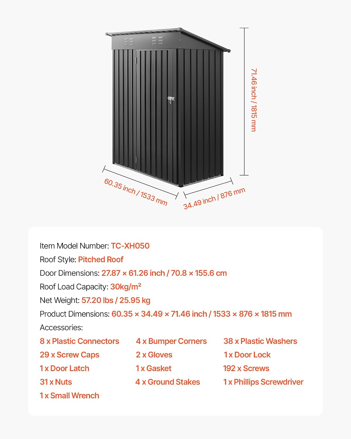VEVOR 5 x 3 FT Metal Garden Shed, Storage Building with Lockable Door & 2 Louver Vents, Sloped Roof Metal Outdoor Storage Shed, Tool Sheds Outdoor Storage for Backyard, Garden, Patio, Bike, Gray