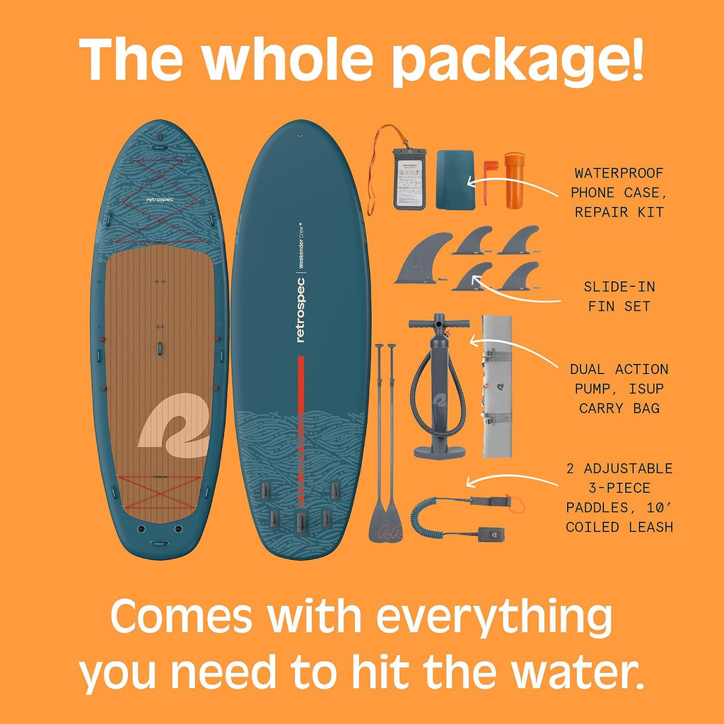Retrospec Weekender Crew Inflatable Paddle Board - 12ft & 15ft XL Multi-Person iSUP with 400 & 1050lb Capacity & No-Slip Deck - Includes 2 Paddles & Accessories