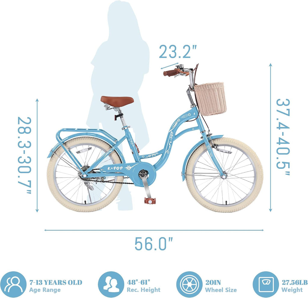 Girls Bikes Ages 8-12, 20 Inch Girls Bike Kids Bicycle with Basket, Lightweight Kids' Bicycles with Front and Rear Brakes, Cruiser Bike for Children, Multiple Colors
