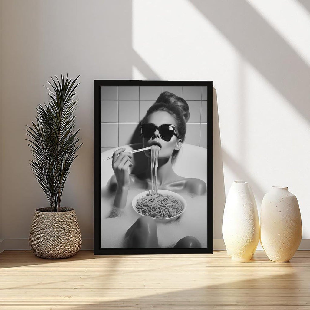 UXCBIA Woman Wearing Sunglasses Eating Spaghetti in Bathtub, Black And White, Funny Bathroom Poster Canvas Poster Bedroom Decor Sports Landscape Office Room Decor Gift Black Frame 24x36in(60x90cm)