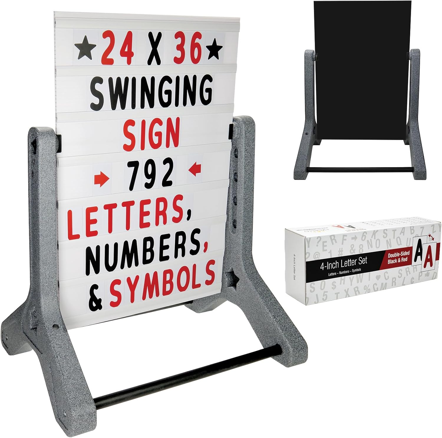 Swinging Changeable Message Sidewalk Sign: 24' x 36' Sign with 792 Pre-Cut Double Sided Letters and Storage Box. Includes Black Board & Letter Board (Granite Color Legs)
