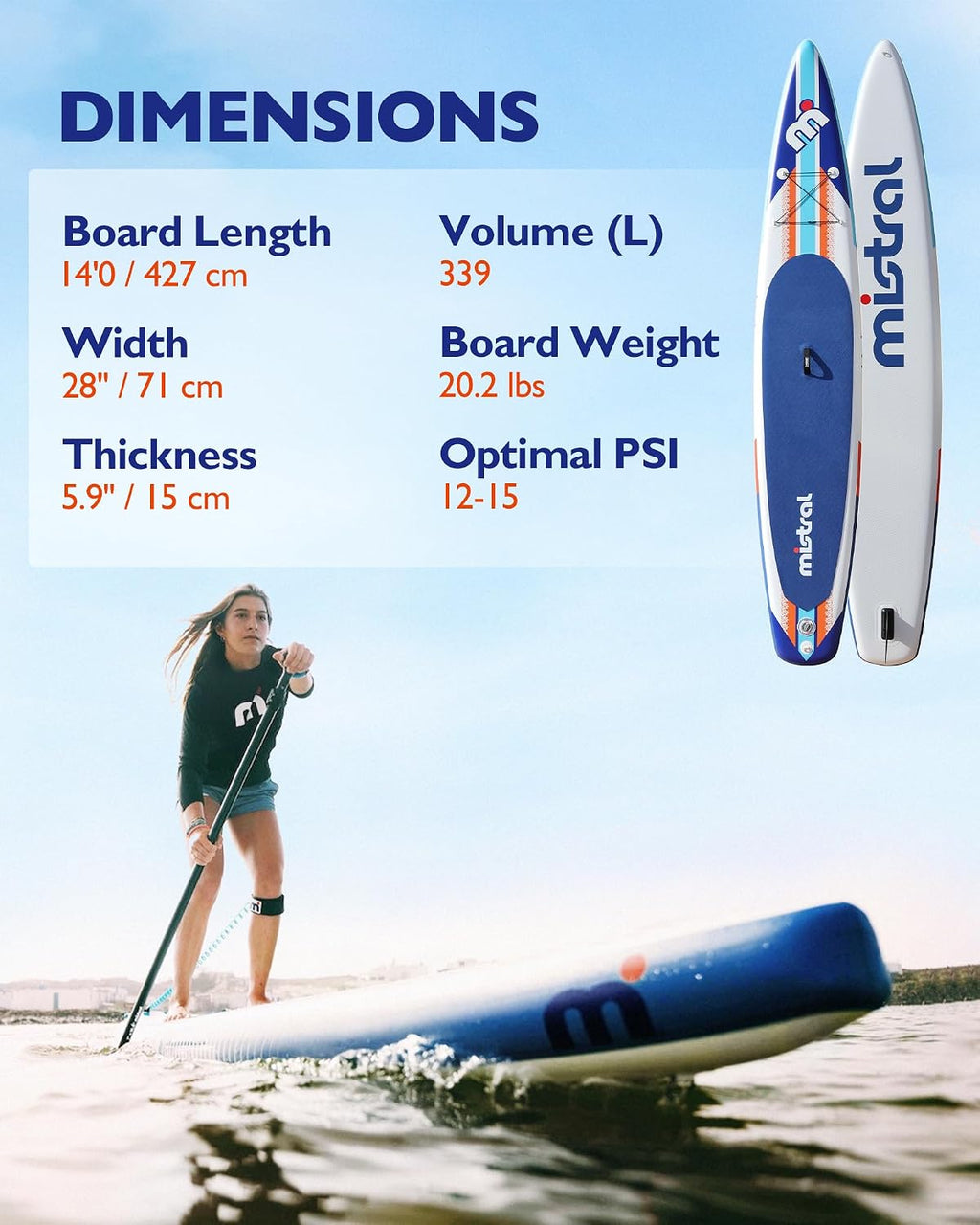 Mistral Stand Up Inflatable Paddle Board Racing & Touring Board 13'2'/ 14' Race Board, Backpack with Wheels, Durable ISUP for Youth & Adult, w/Premium SUP Accessories