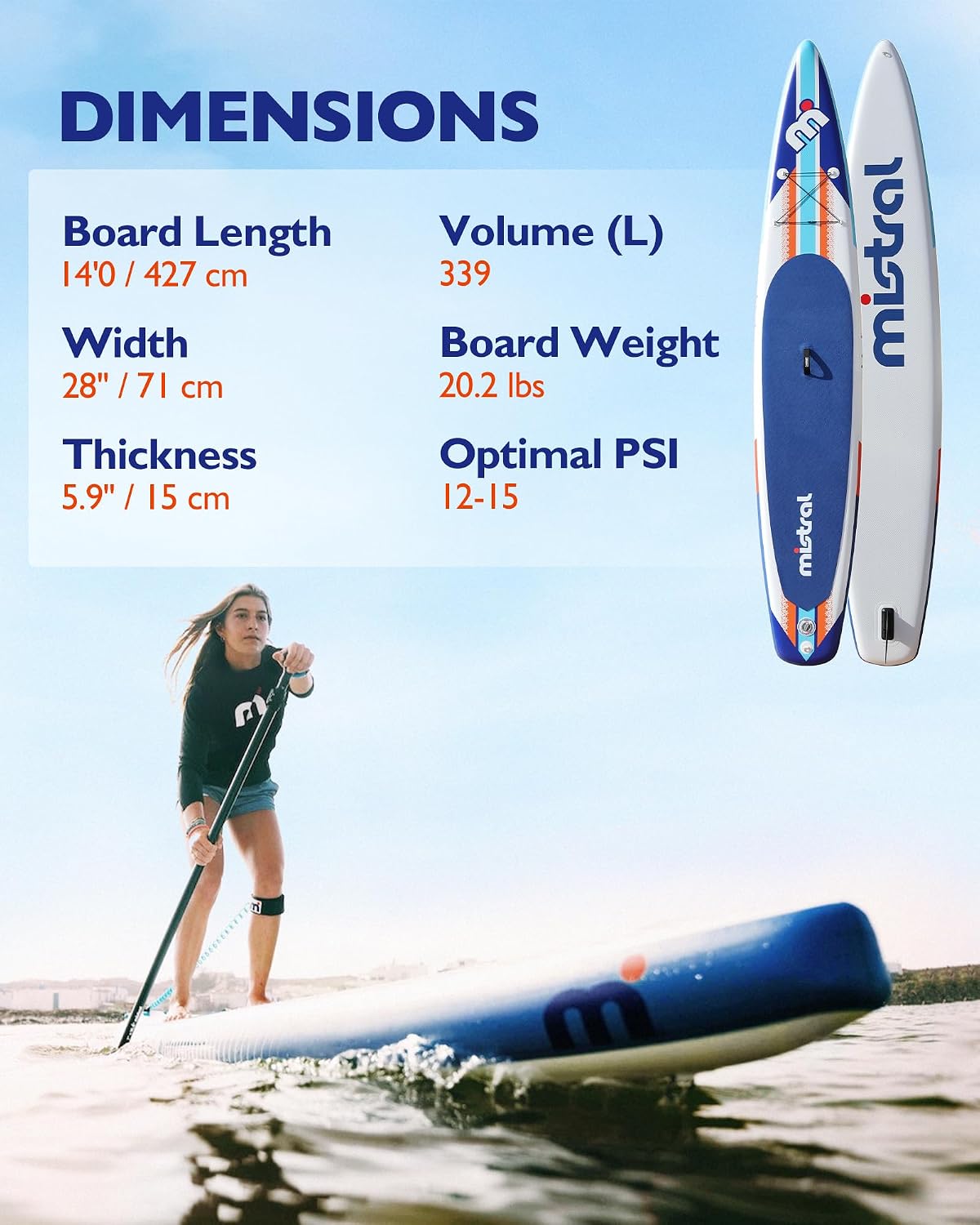 Mistral Stand Up Inflatable Paddle Board Racing & Touring Board 13'2'/ 14' Race Board, Backpack with Wheels, Durable ISUP for Youth & Adult, w/Premium SUP Accessories