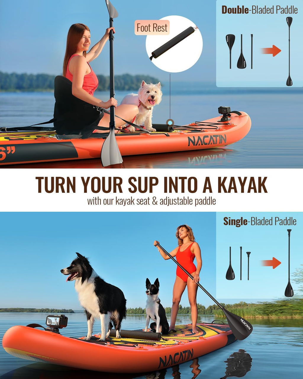 NACATIN 12'/366cm Extra Large Inflatable Stand Up Paddle Board with Seat, Wide 36'/91cm SUP Board for Adults & Family, with Single/Double Paddle, Kayak Seat, Pump, Stable Wide Deck for Beginners