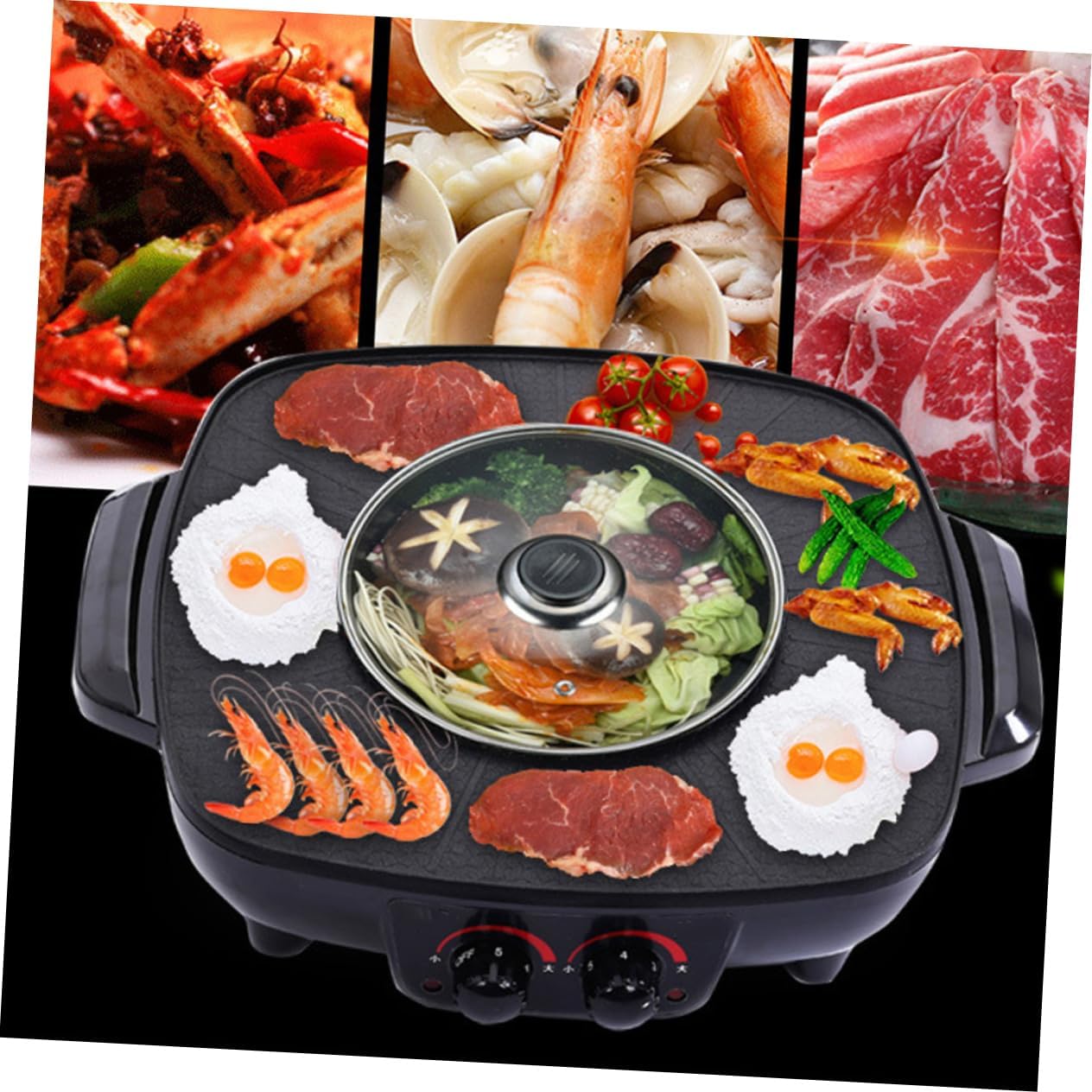 PRETYZOOM Electric Grill Cooker Hot Pot Divider Bbq Machine Smokeless Hot Pot Indoor Electric Grill Non-stick Coating Sturdy Lid