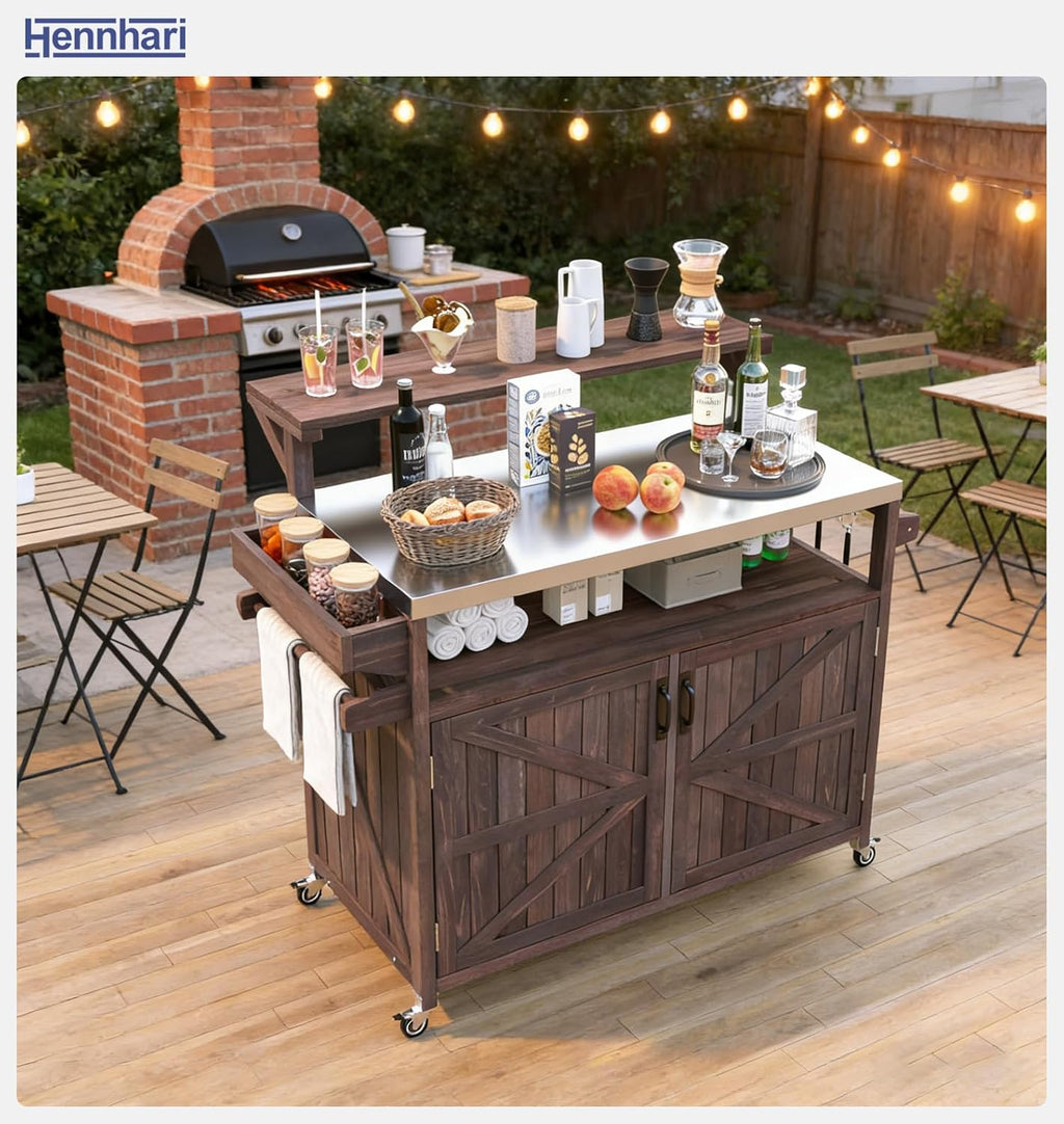 Outdoor Kitchen Island with Stainless Steel Top & Raised Shelf, Rolling Grill Cart with Spice & Towel Rack, Outdoor Island Table with Storage Cabinet & Hooks (Brown)