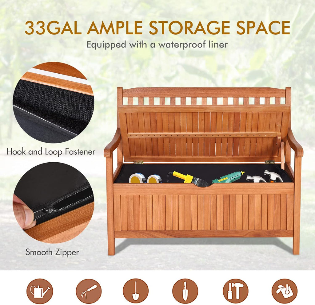 S AFSTAR Outdoor Patio Bench with Storage Box, 33 Gallon Storage Bench Deck Box with Dustproof Liner, Comfort Backrest & Wide Armrest, 800 lbs Capacity, Wood Bench for Garden Patio Park Porch