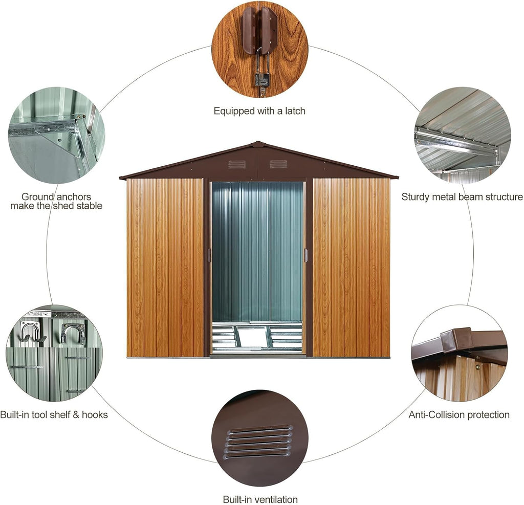 8 x 6 FT Outdoor Storage Shed, Metal Garden Shed with Floor Frame, Tool Shed Outdoor Storage with Lockable Sliding Doors & Air Vents, Storage House Waterproof for Backyard, Lawn, Coffee