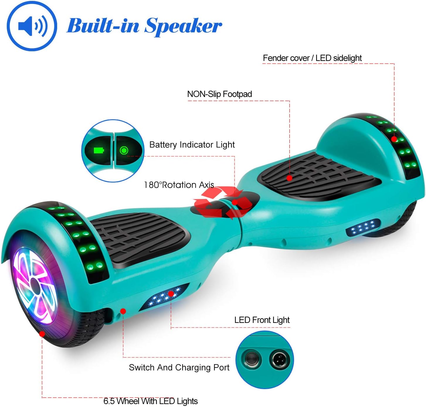 LIEAGLE Hoverboard, 6.5' Self Balancing Scooter Hover Board with Bluetooth Wheels LED Lights for Kids Adults