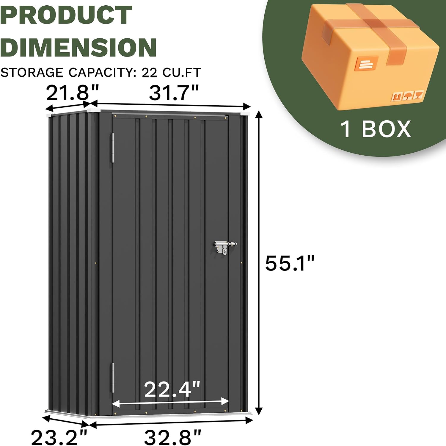 Patiowell 22 Cuft Outdoor Vertical Cabinet, Metal Storage Shed, Indoor Outside Waterproof Shed, Black