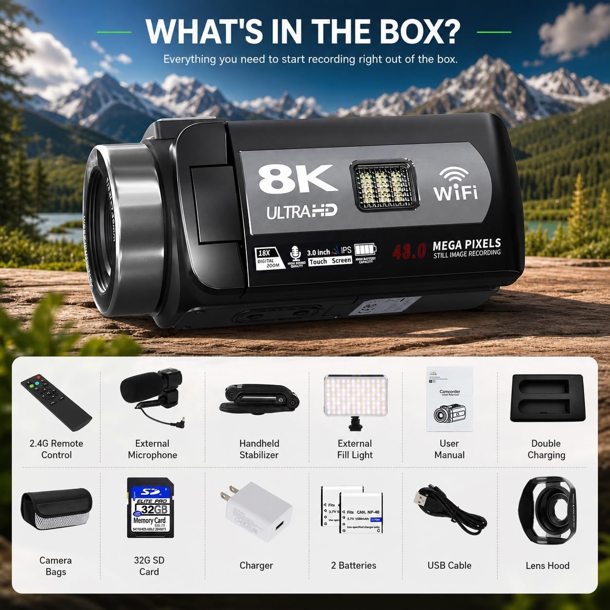 Video Camera, 8K Camcorder 48MP 15FPS UHD WiFi Vlogging Camera with IR Night Vision for YouTube, 3' Touch Screen 18X Digital Zoom, with Fill Light, Mic, Stabilizer, Lens Hood, Remote and 2 Batteries