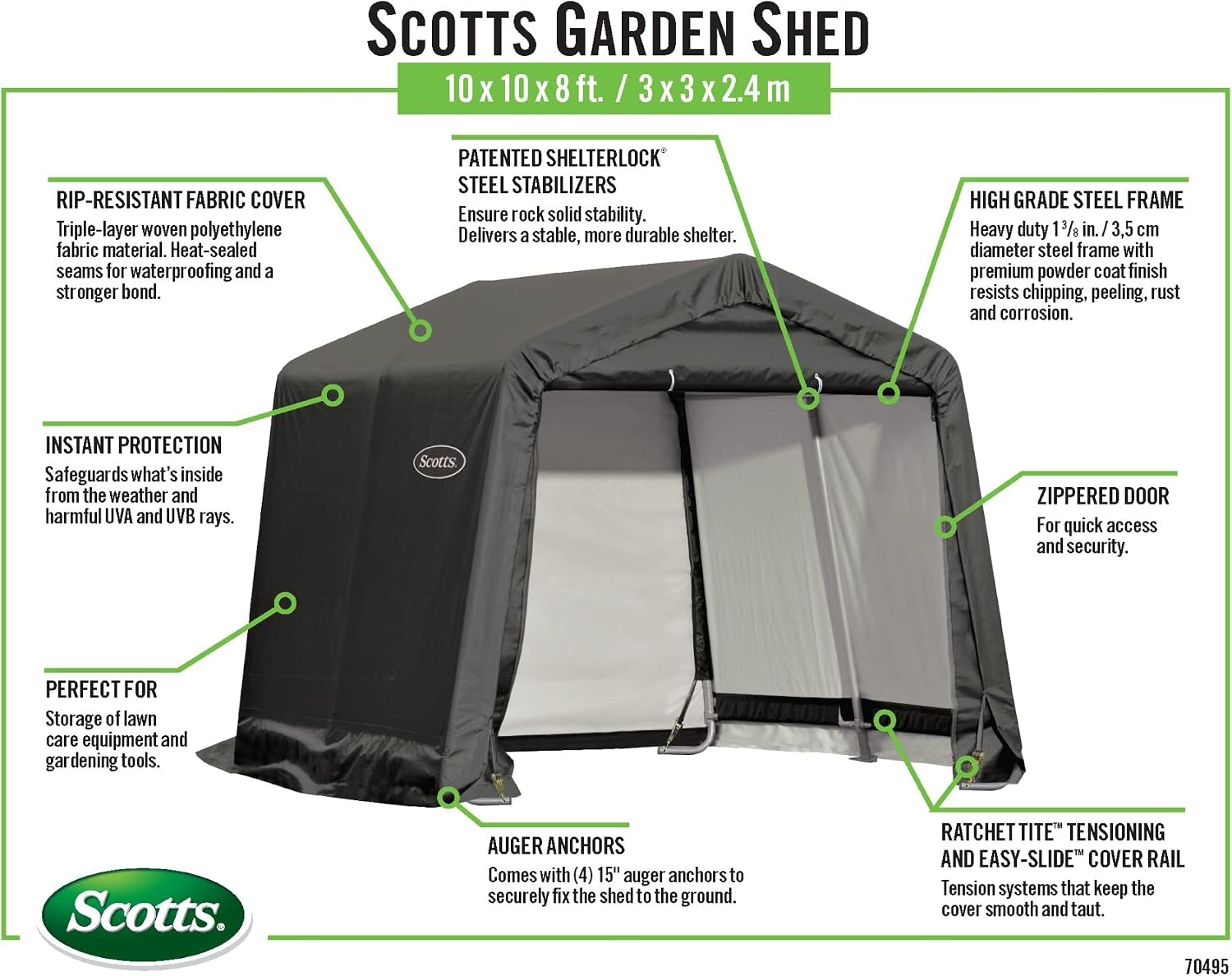 Scotts 10' x 10' x 8' All Season Outdoor Storage Shed with Waterproof Cover, Green