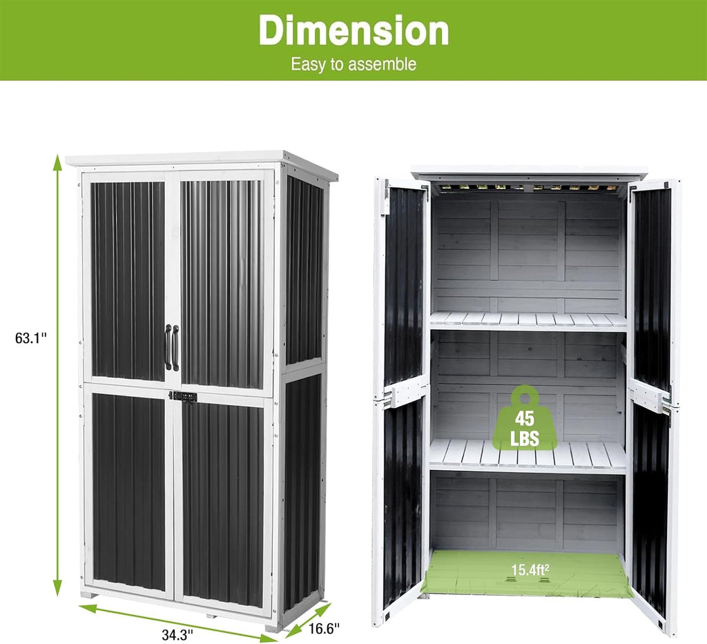 Outdoor Storage Shed with Metal Frame, Garden Sheds with Waterproof Resin Panel and Roof, Garden Tool Cabinets with Adjustable Shelves and Elevated Floor (Black)