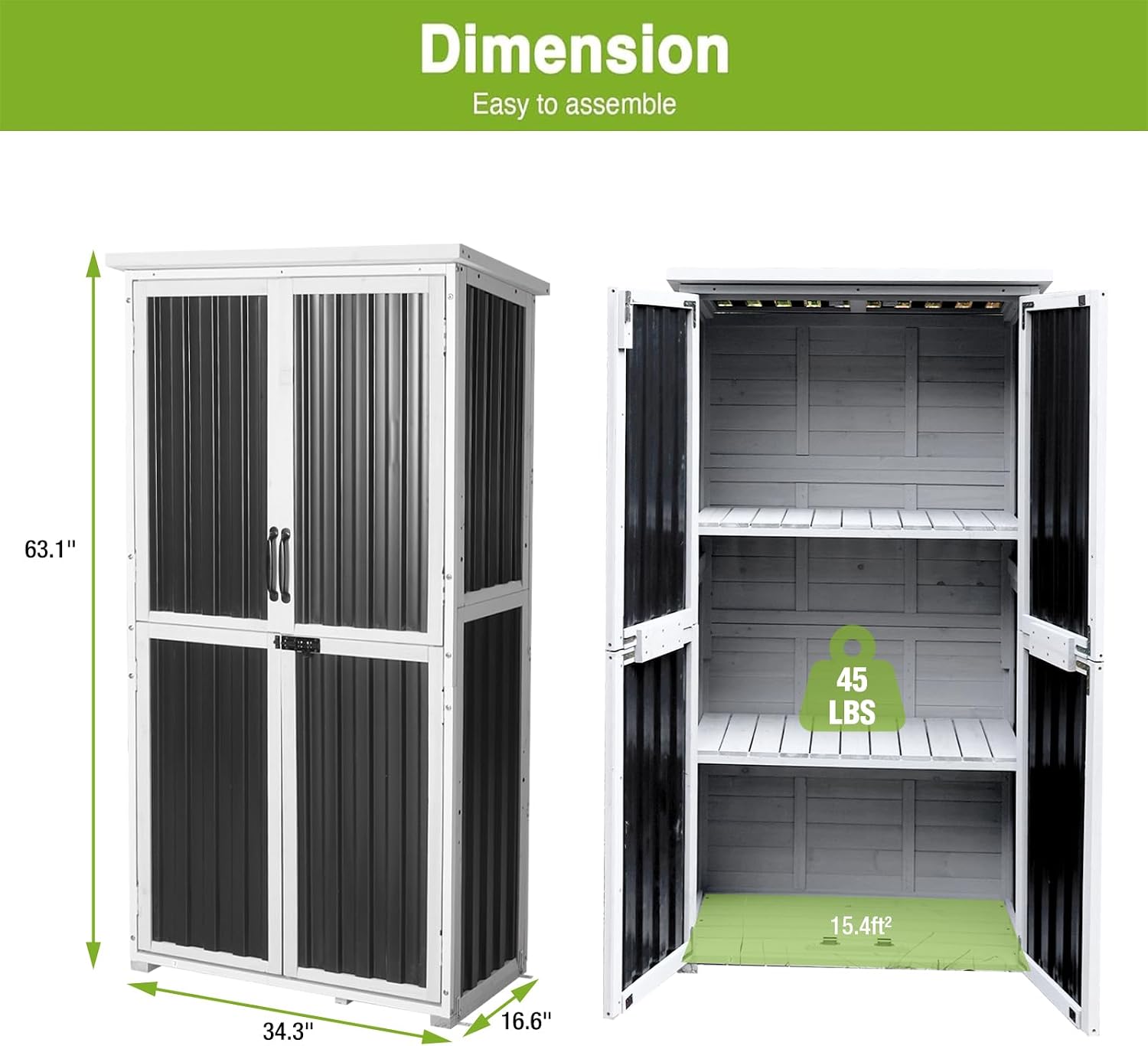 Outdoor Storage Shed with Metal Frame, Garden Sheds with Waterproof Resin Panel and Roof, Garden Tool Cabinets with Adjustable Shelves and Elevated Floor (Black)